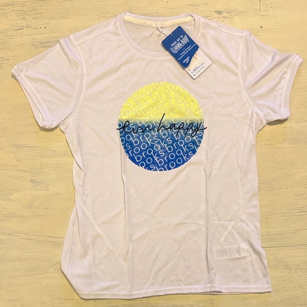 Brooks White Tee with Blue and Yellow Circle Design